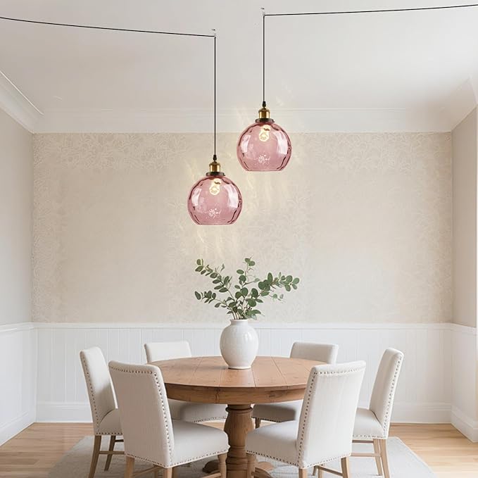 Pink Glass Hanging Light Plug in Hammered Glass Pendant Light Modern Hanging Globe Light Fixture Plug in Chandelier Lighting with Long Cord for Girls Bedroom Living Room Dining Room Ceiling