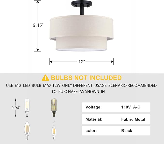 3 Lights 12 Inch Semi Flush Mount Close to Ceiling Light Fixture,Cream Fabric Shade Black Finish for Bedroom,Living Room,Dining Room Hallway