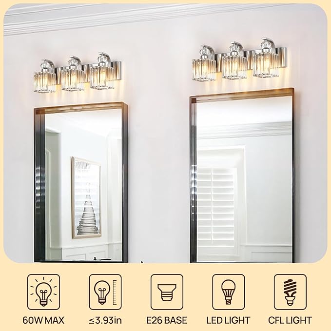 Modern Bathroom Vanity Light, 3-Light Nickel Bathroom Lighting Fixtures Over Mirror, 20.5" Crystal Wall Light Sconce for Bathroom/Bedroom/Vanity, Includes LED Bulbs, Easy Installation