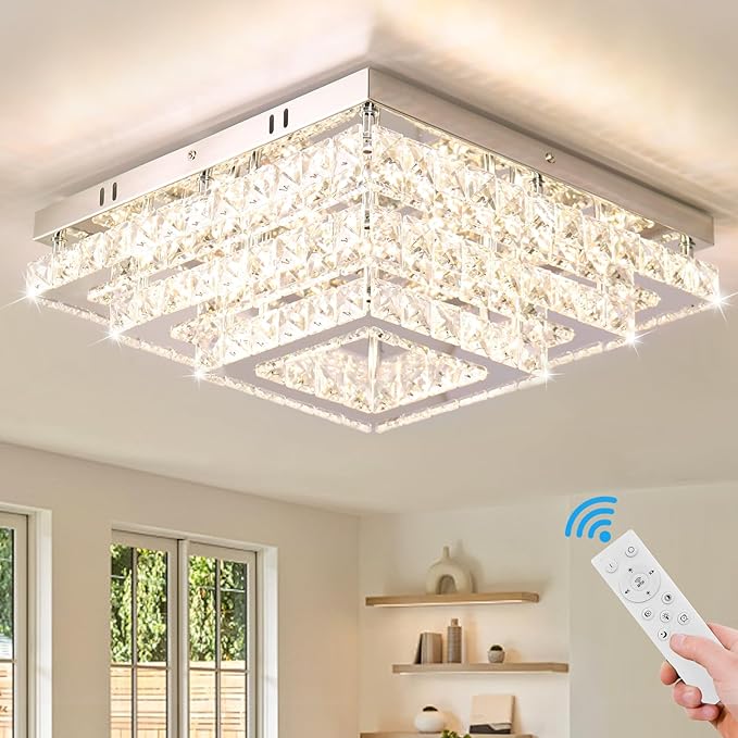 Dimmable Square Crystal Flush Mount Ceiling Light, 15" 3-Tier Crystal Chandelier Ceiling Light, Remote Included, 3000–6500K CCT, K9 Crystal & Stainless Steel for Living Room Dining Room Bedroom