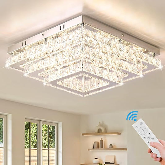 Dimmable Square Crystal Flush Mount Ceiling Light, 15" 3-Tier Crystal Chandelier Ceiling Light, Remote Included, 3000–6500K CCT, K9 Crystal & Stainless Steel for Living Room Dining Room Bedroom