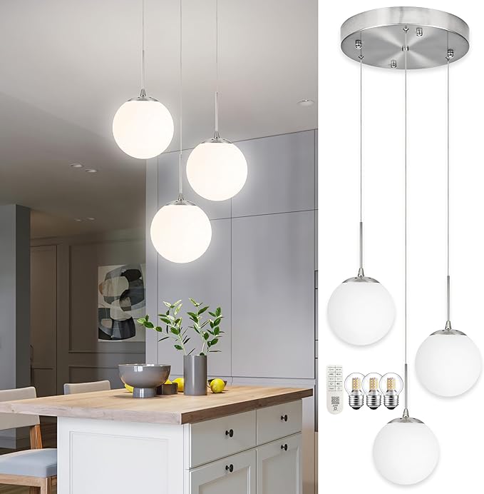 KoKo&Yukina Globe Pendant Light 3 Light Nickel Globe Pendant Lights Kitchen Island Mid Century Light Fixture with Milky White Glass Shade for Dining Room Living Room
