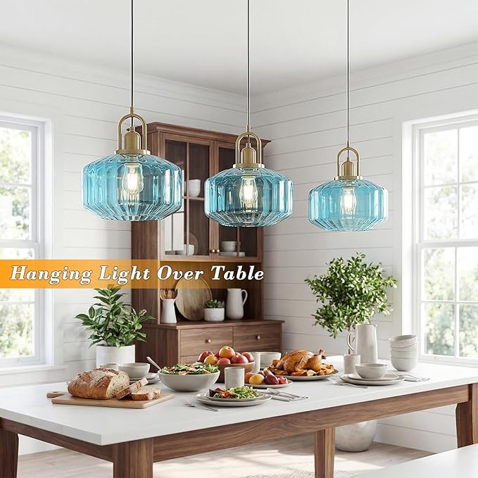 11.8in Mid Century Modern Blue Glass Pendant Light Fixture, Large Gold Kitchen Island Pendants Light Glass Ceiling Hanging Lamp for Foyer Dining Room Bedroom Entryway Hallway Over Sink