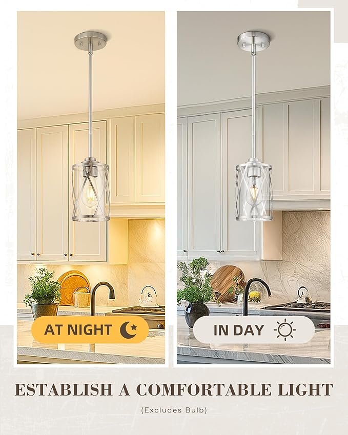 Beionxii 2 Pack Brushed Nickel Pendant Lights Kitchen Island, Glass Pendant Light Fixtures with Clear Glass and Rods, Kitchen Pendant Lighting Over Island, BX-PL07BN-2PK