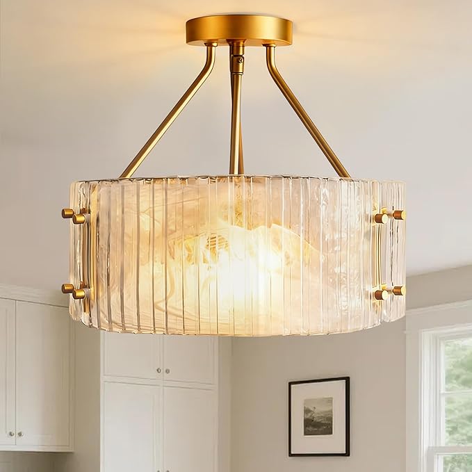 Gold Glass Semi Flush Mount Ceiling Light Fixture 3-Light Drum Ceiling Light Foyer Kitchen Lighting Fixtures D15 Farmhouse Flush Mount Ceiling Lights for Living Room Hallway Bedroom