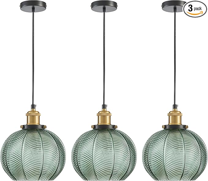 7.8in Vintage Pendant Light 3-Light Kitchen Sink Pendant Lights with Green Hand Blown Glass Small Hanging Lamp for Kitchen Island Dining Room Bedroom Bathroom Hallway E26