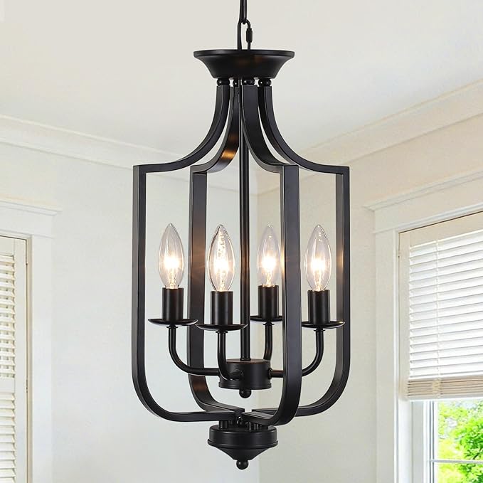 10.63" Black Chandelier 4-Lights Modern Farmhouse Lantern Chandeliers for Dining Room Rustic Metal Cage Industrial Vintage Adjustable Pendant Light Fixture for Foyer Kitchen Entryway Hallway E12