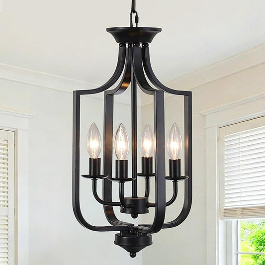 10.63" Black Chandelier 4-Lights Modern Farmhouse Lantern Chandeliers for Dining Room Rustic Metal Cage Industrial Vintage Adjustable Pendant Light Fixture for Foyer Kitchen Entryway Hallway E12