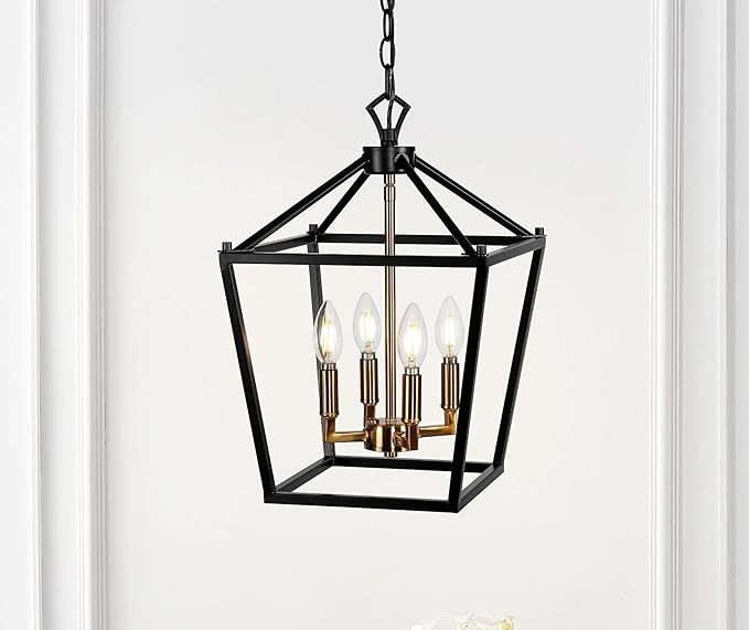 JONATHAN Y 12" Oil Rubbed Bronze/Brass Gold Lantern Pendant Light, 1-Light Pagoda Style Metal Cage Farmhouse Hanging Ceiling Fixture for Kitchen Island, LED Bulb Included (JYL7436D)
