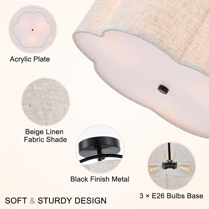 18" Semi Flush Mount Ceiling Light Modern 3-Lights Black Drum Ceiling Light Fixture with Fabric Linen Shade, Vintage Modern Ceiling Lighting for Laundry Room, Kitchen, Basement, Bedroom
