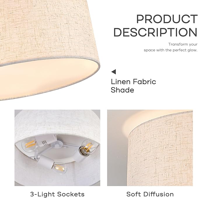 13 Inch Flush Mount Ceiling Light, 3-Light Modern Fabric Linen Drum Shade for Kitchen, Bedroom, Dining Room, Hallway and Entryway