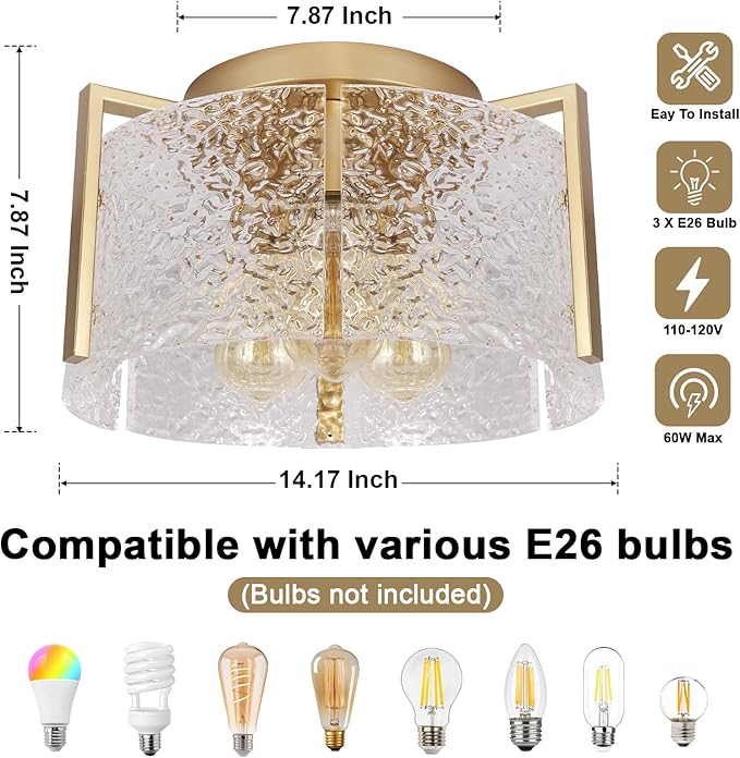 Bektas Semi Flush Mount Ceiling Light, Hallway Light Fixture,Entryway Light,Modern Bedroom Lampe,Metal Light Fixtures,Lighting Fixture Flush Mount for Kitchen Bathroom Dining Room (Gold, 3-Light)