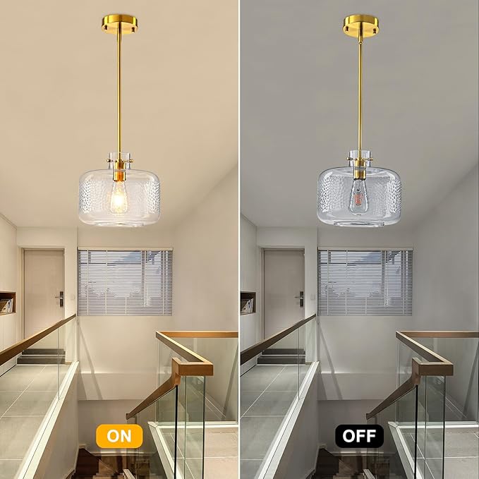 WILON Glass Pendant Lights Kitchen Island, 9.84'' Brass Gold Pendant Lighting Fixtures, Modern Hanging Ceiling Light with Clear Hammered Glass Shade for Farmhouse Dining Room Bedroom Hallway(Brass)