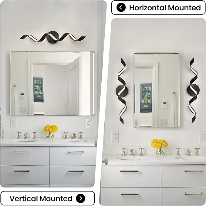 LED Modern Bathroom Vanity Light Fixtures, 24 inch Matte Black Wall Lamp Bedroom 4000K, Spiral Design Wall Sconce for Mirror, Living Room, Bedroom, Hallway 15W