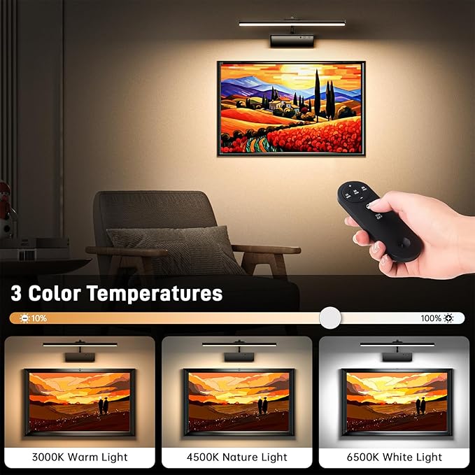 Racokky Picture Light, 15.35inch Picture Lights for Wall Rechargeable, Battery Lights for Pictures on Wall, 3 Color Art Lighting for Paintings with Timer and Dimmable Artwork Display (Black-2PCS)