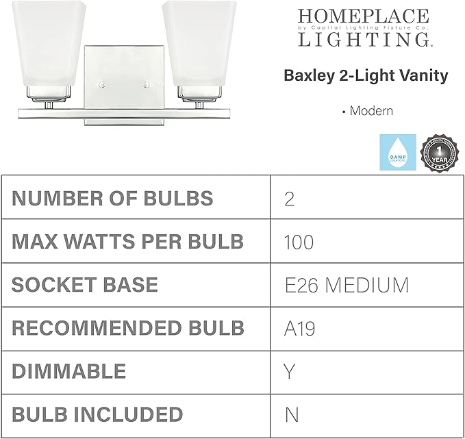 HomePlace Lighting 114421PN-334 Baxley Modern Soft White Glass Bathroom Vanity Wall Light, 2-Light 200 Total Watts, 7" H x 13" W, Polished Nickel