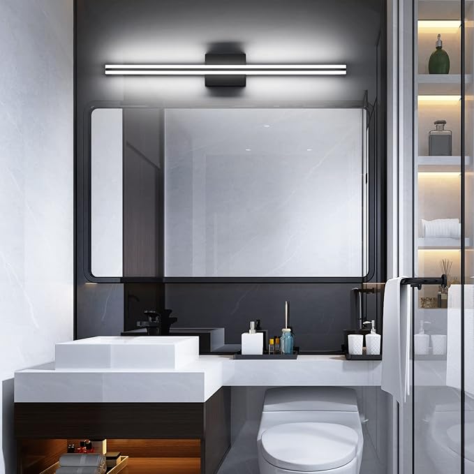 SOLFART Bathroom Vanity Light Fixtures 32 Inch 20W Modern Black LED Bathroom Lights Over Mirror Dimmable Wall Lights