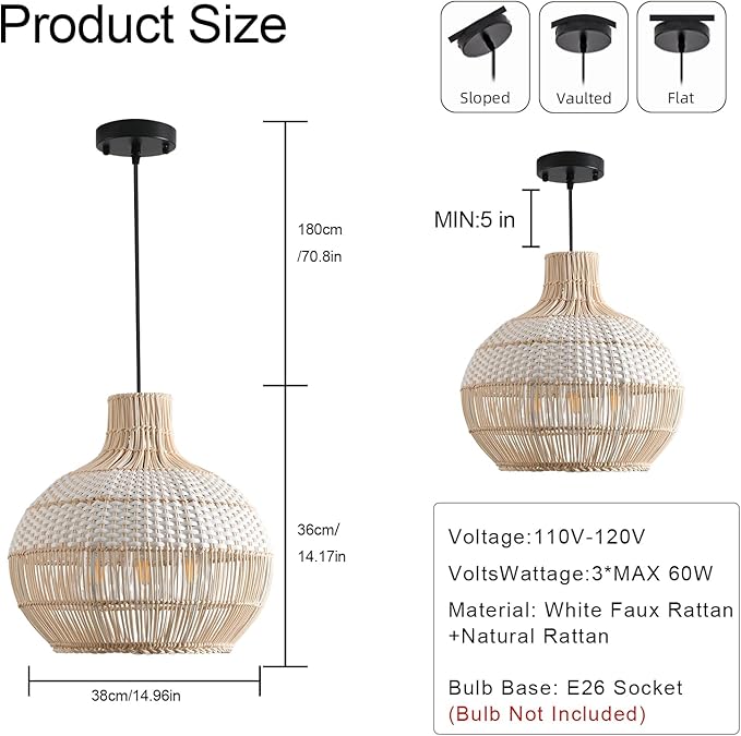 15" Rattan Pendant Light Fixture,3-Light Hand-Woven White Wicker Basket Chandelier Boho Faux Rattan Hanging Lamp,for Dining Living Bedroom Kitchen1-Pack