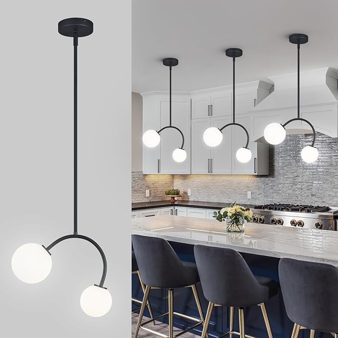 Modern Pendant Light Fixtures, 4.72" Milk Glass Pendant Lights Kitchen Island, Matte Black Kitchen Island Chandeliers for Dining Room, 2 Round Globe-3 Pack,G9 Bace(Bulb Not Included)