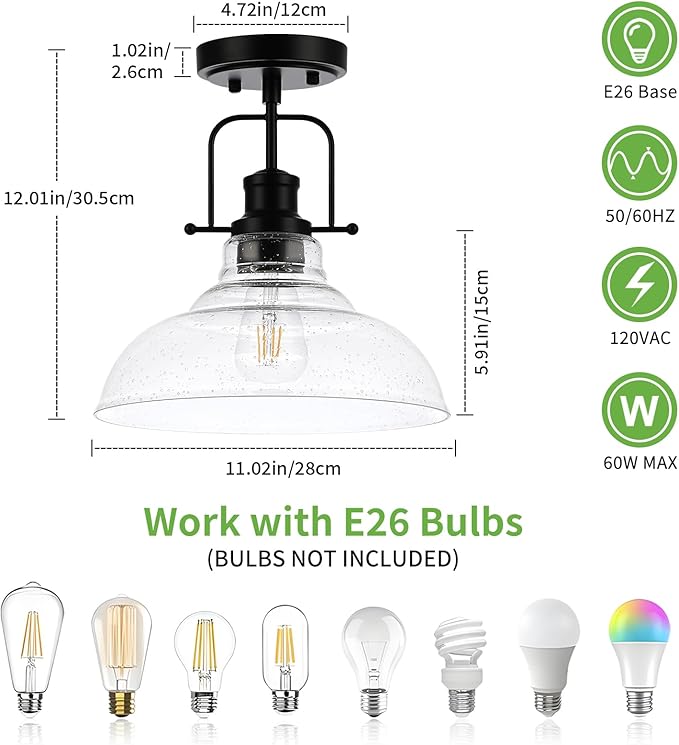 WILON Rustic Farmhouse Ceiling Light, Kitchen Lighting Fixtures Ceiling Lamp, Seeded Glass Ceiling Light, Semi Flush Mount Ceiling Lights for Sink Foyer Entryway Bathroom Laundry Room Hall Hallway