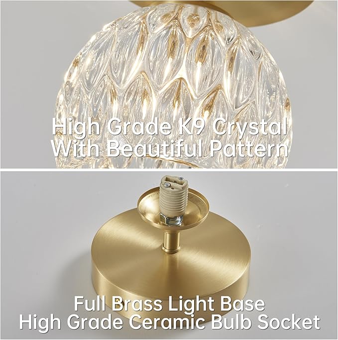 2 Pack 4.3'' Semi Flush Mount Ceiling Light, Light Luxury Ceiling Light Fixture, Clear Crystal Lampshade Vintage Hallway Lights Fixtures, Brass Base Flush Mount Ceilings Lights【No Bulb Included】