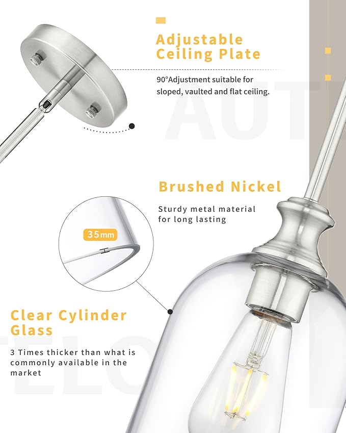 AUTELO 2 Pack Brushed Nickel Pendant Lights, Glass Pendant Lights Kitchen Island with Clear Cylinder Glass, Industrial Pendant Lighting with Adjustable Rods, H2511 CLST 2PK