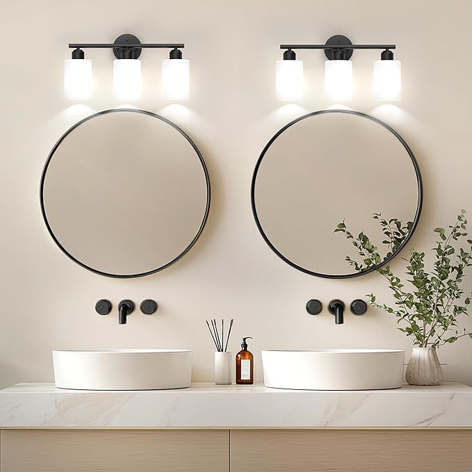 Espird Bathroom Vanity Light Fixtures Matte Black Bathroom Lighting Fixture, 3 Lights Bathroom Light Fixture Over Mirror, Modern Vanity Light, Wall Sconces with Milky White Glass Shades