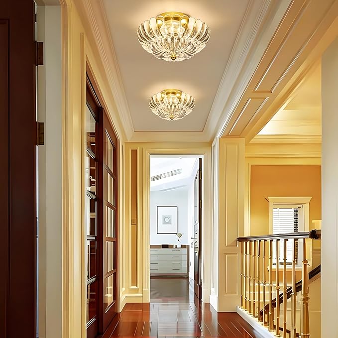 3-Lights Mid Century Modern Vintage Semi Flush Mount Ceiling Light Fixture,Gold Surface Treatment,Clear Flower Glass,for Hallway Bedroom Bathroom Foyer Closet Entryway Laundry Room(11.81 in)