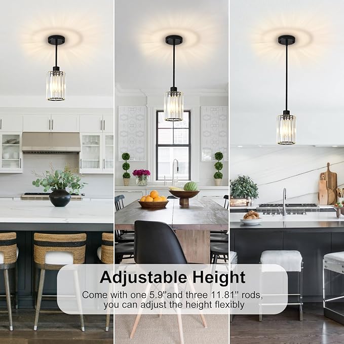 Crystal Pendant Lights Kitchen Island, 3 Pack Black Kitchen Pendant Lighting Over Island, 1-Light Mini Modern Hanging Lights for Kitchen Island, Dining Room, Hallway, Foyer, Entryways