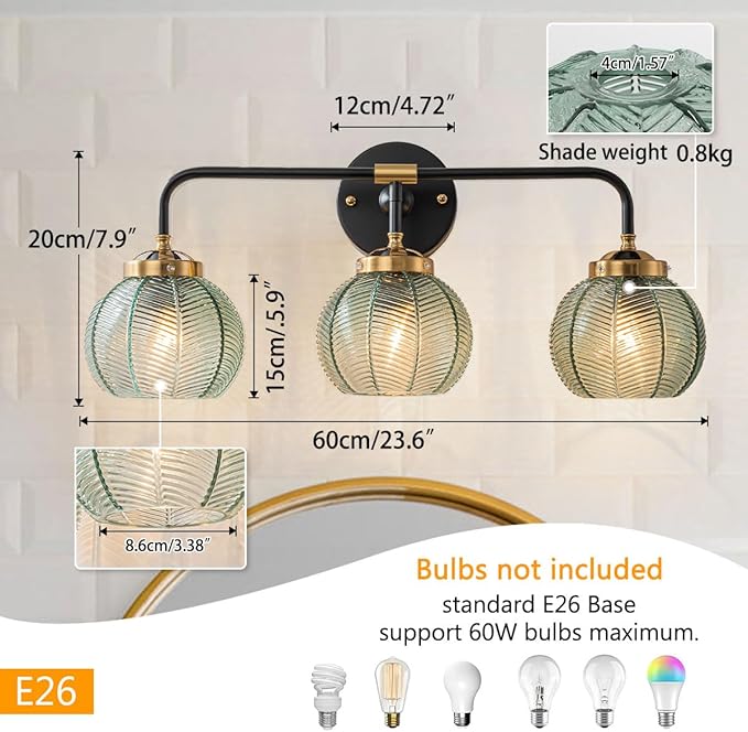 3-Light Bathroom Vanity Light Black Wall Mount Light with Green Glass Shade, Mid Century Wall Sconce Lights Modern Vanity Lamp for Over Mirror Bedroom Hallway