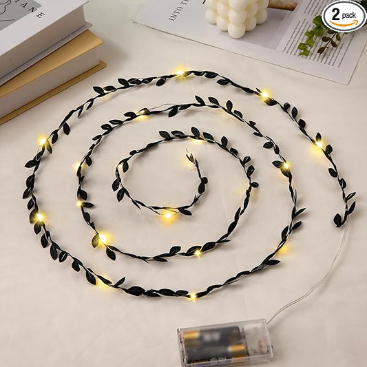 Leaves String Lights Black 6.56ft 20 LED Tiny Artificial Ivy Leaf Vine with Fairy Lights Battery Operated for Room Decor Bedroom Wedding Holiday Party Table Decor, 2PCS
