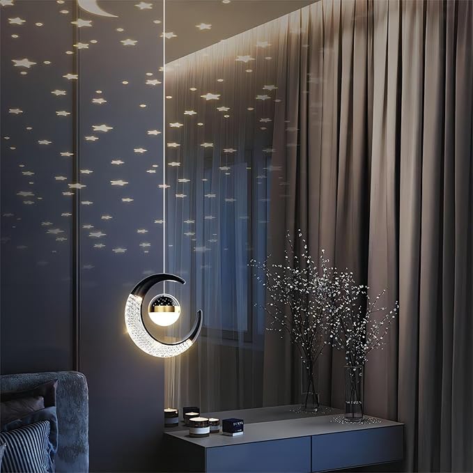 7.9-Inch Moon Shaped Star Bedside Pendant, Acrylic Pendant Light, Modern LED Pendant for Bedroom, Living Room - 2-Piece Set, Black Warm Light