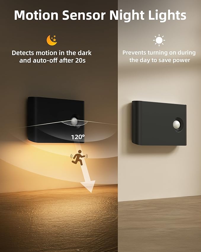 EZVALO 6 Pack Motion Sensor Night Lights, Sync LED Stair Lights Indoor, 1500mAh Rechargeable, Magnetic & Dimmable, 3000K Soft White, Portable Nightlight for Hallway, Stairs, Bathroom, Bedroom (Black)