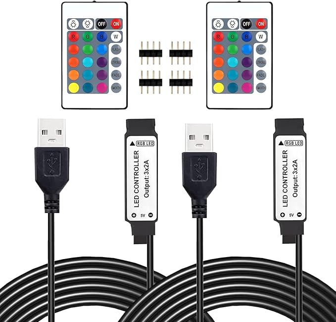 USB LED Light Controller, 5V RGB LED Strips Remote Replacement with 24 Key Infrared Remote for 4 Pin 5050 2835 RGB Strip, 2 Pack (IR Control Only, Not APP)