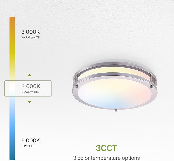 ASD LED 14" Round Flush Mount Lighting, Close to Ceiling Light Fixture | 3CCT, Dimmable, Energy Star, ETL Listed | 21W 1725LM 3000-5000K 100-277V | Low Profile Double Ring Lamp | Nickel