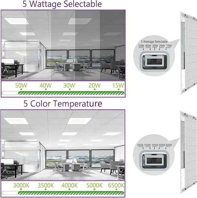 6 Pack 2x2 LED Flat Panel Light Drop Ceiling Office Fixture 5 CCT 3000K-6500K Adjustable & 5 Wattage 15W-20W-30W-40W-50W Selectable, 0-10V Dimmable，Flush Mount Ceiling Light