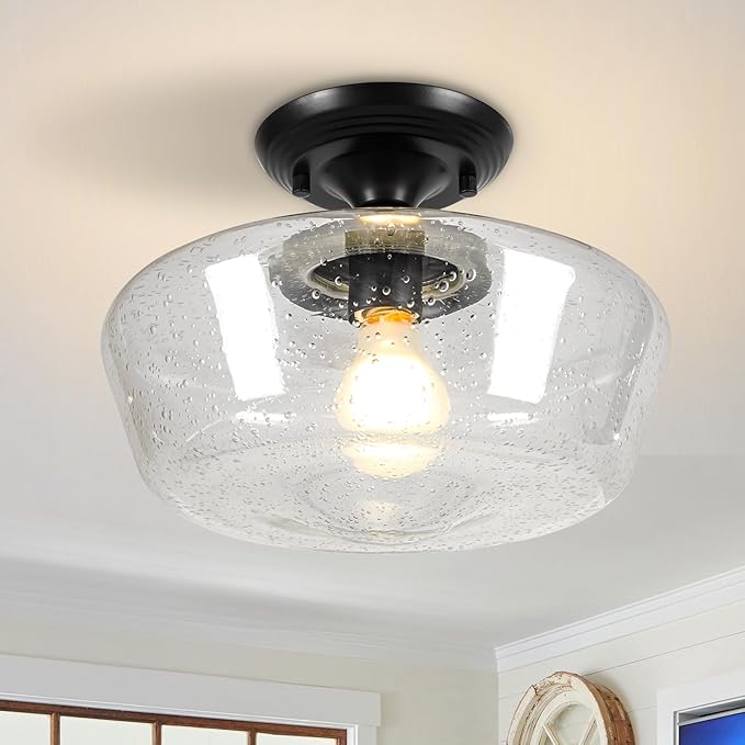 Schoolhouse Style Light Fixture, 12" Black Semi Flush Mount Ceiling Light with Seeded Glass Globe, Close to Ceiling Lights for Kitchen, Hallway, Entryway