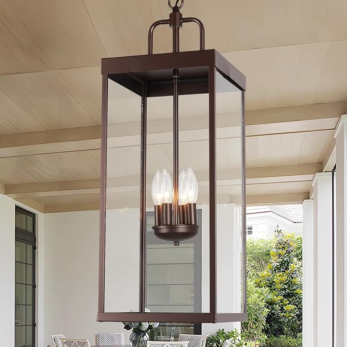 Large Outdoor Pendant Lantern Light Fixture for Front Porch, 28 Inch 4-Light Bronze Exterior Hanging Chandelier with Clear Glass, Outdoor Indoor Pendant Lamp for Patio, Gazebo, RZ008XL-H ORB