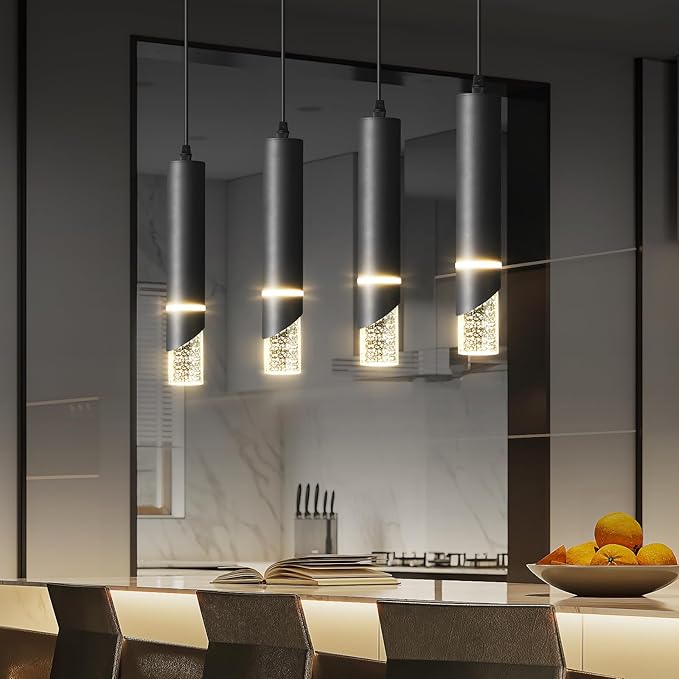 Modern LED Pendant Lighting Fixture 48-Watt 4 Light Black Kitchen Island Chandelier Dimmable Kitchen Light Fixtures Perfect for Dining Room Hanging Island Lighting Crystal Bubble Pendant Lights