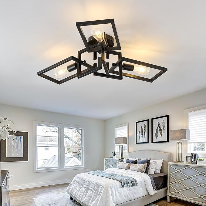 ZGLAOJT Black Industrial Flush Mount Ceiling Light 3-Light Kitchen Light Fixtures Modern Matte Sputnik Chandelier for Dining Room Bedroom Farmhouse Living Room