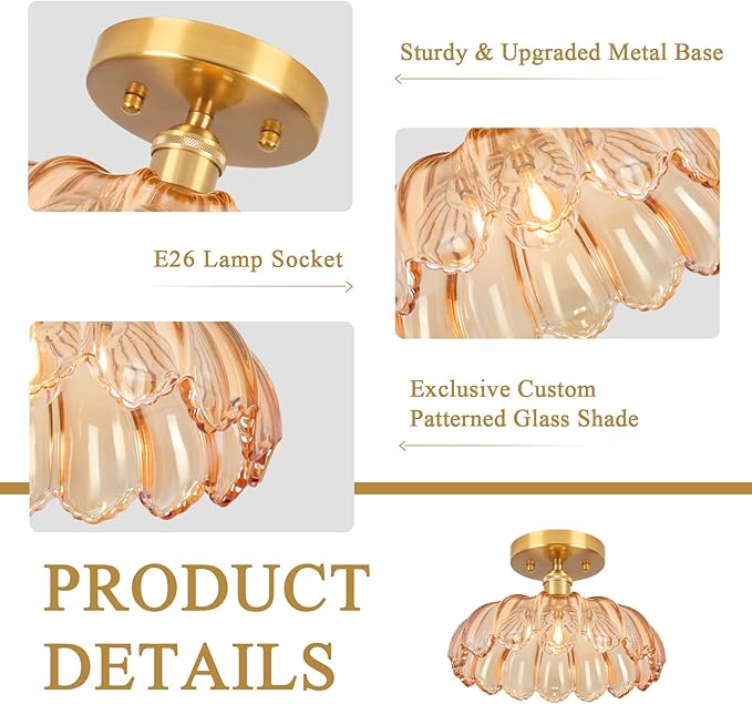 Hallway Lights Fixture Ceiling,Amber Semi Flush Mount Ceiling Lights,9.8" E26 Vintage Light Fixtures for Closet Hallway Kitchen Dining Room