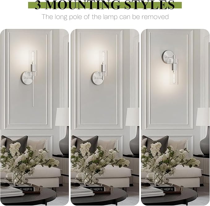 Wall Sconce Set of 2 Brushed Nickel Wall Light, Bathroom Vanity Light Fixture Modern Indoor Wall Light with Clear Glass Shade for Bathroom Bedroom Living Room Hallway Vanity