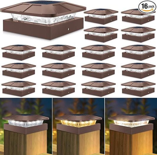 Peasur 16 Packs 4x4 Post Solar Lights 3 Lighting Modes, Brown Solar Powered Cap Lights Fits 4×4/3.5×3.5 Wood/Vinyl Posts, Waterproof Post Top Light Outdoor for Fence Deck Mailbox Porch Railing