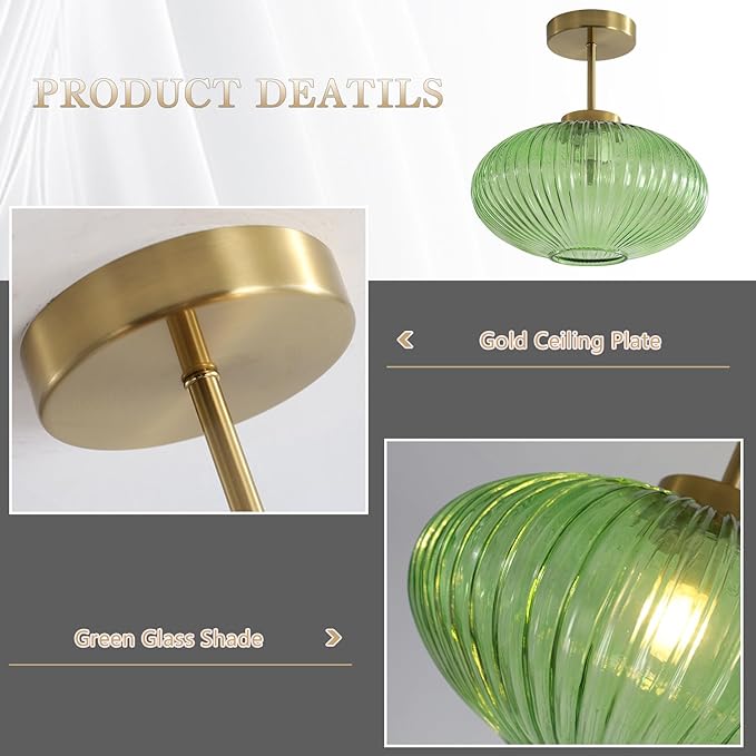 KCO Lighting Vintage Green Ribbed Glass Flush Mount Light Brushed Gold Semi Flush Mount Ceiling Globe Hallway Ceiling Light Fixture