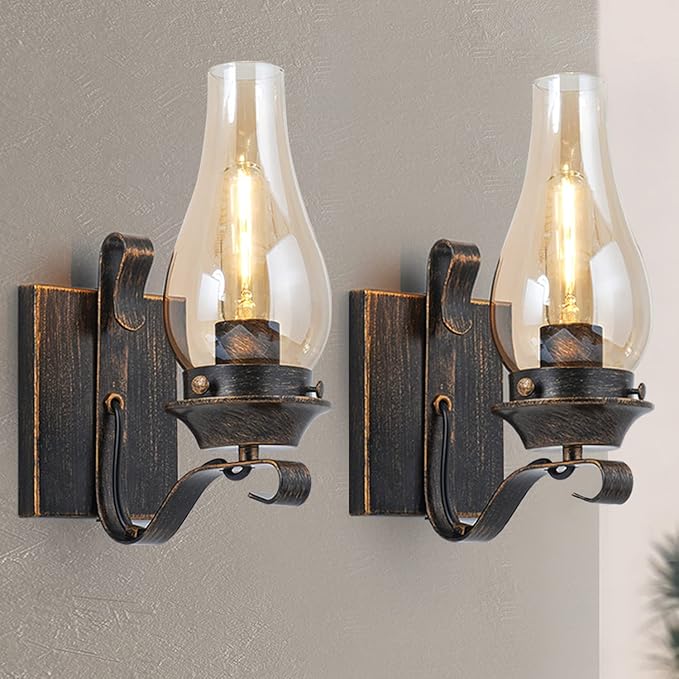 Wall Sconces Sets of 2, Oil Rubbed Bronze Hardwired Wall Sconce Indoor, Retro Rustic Wall Lamps with Amber Glass,Vintage Bedside Sconces Wall Lighting for Living Room Bathroom