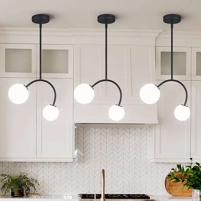 Modern Pendant Light Fixtures, 4.72" Milk Glass Pendant Lights Kitchen Island, Matte Black Kitchen Island Chandeliers for Dining Room, 2 Round Globe-3 Pack,G9 Bace(Bulb Not Included)
