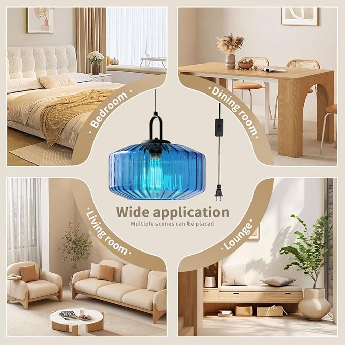 Plug in Hanging Lamp Modern Pendant Light with Plug in Cord Blue Striped Glass Shade Mid Century Pendant Light Fixture Plug in Chandelier Swag Ceiling Lamp for Living Room Bedroom