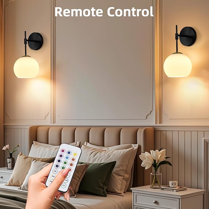 Battery Operated Wall Sconces Set of 2, Rechargeable Wall Lights with Frosted Glass Shade, 12 RGB and 3CCT Dimmable, Wall Lamps with Remote for Bedroom Living Room Hallway, Black