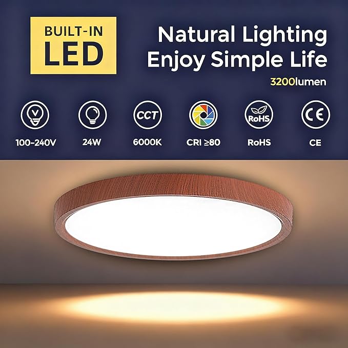 COTULIN 12 Inch LED Wood Grain Flush Mount Ceiling Light Fixture, Modern 22W Round Flat Overhead 3000K-4000K-6000K Selectable Ceiling lamp for Bedroom, Living Room, Kitchen, Entryway