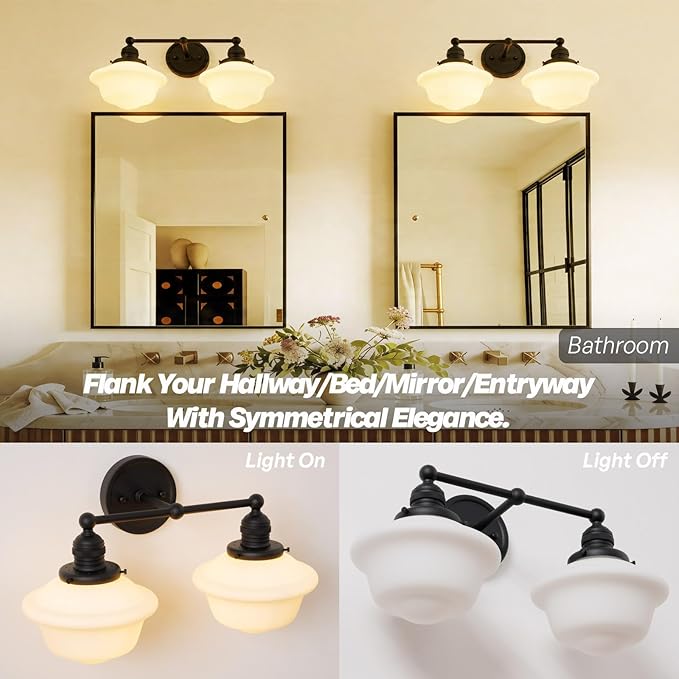 Vintage 2-Lights Wall Sconce Lights Black Bathroom Vanity Light with Milk Glass Double Sconce Wall Mounted Lamp for Bedroom Living Room Bathroom Mirror Kitchen Hallway Hardwire
